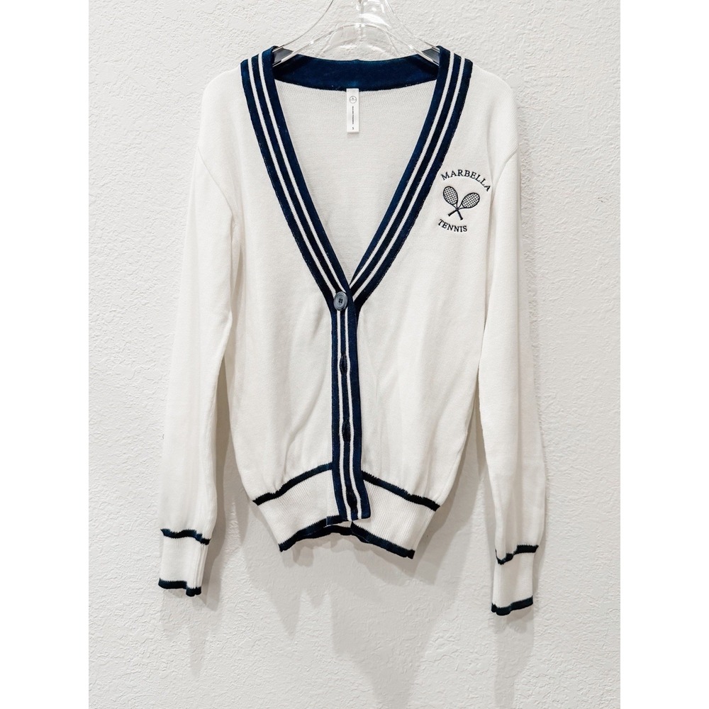 The Bubble Mel Tennis Cardigan S White Navy Varsity Preppy School Girl Old Money